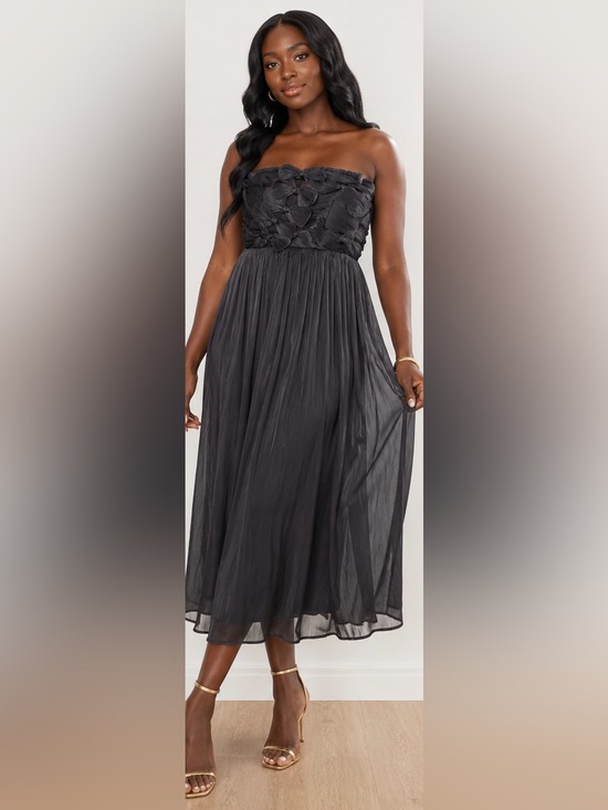 Petal & Pup Dresses & Skirts - Petal & Pup Strapless Black Pleated Chiffon Gown 3D Floral Detail NWOT - Medium